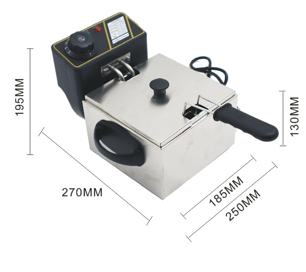 Metallic device with black handles and control panel, shown with dimensions on a white background.