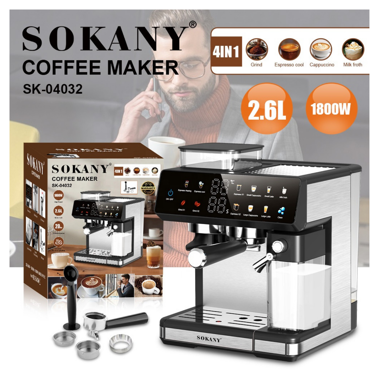 SOKANY 20bar Coffee Machine with Grinder